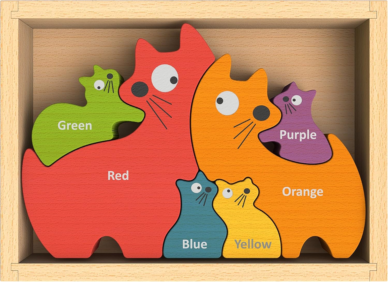 双语木色拼图 猫家庭颜色名称拼图